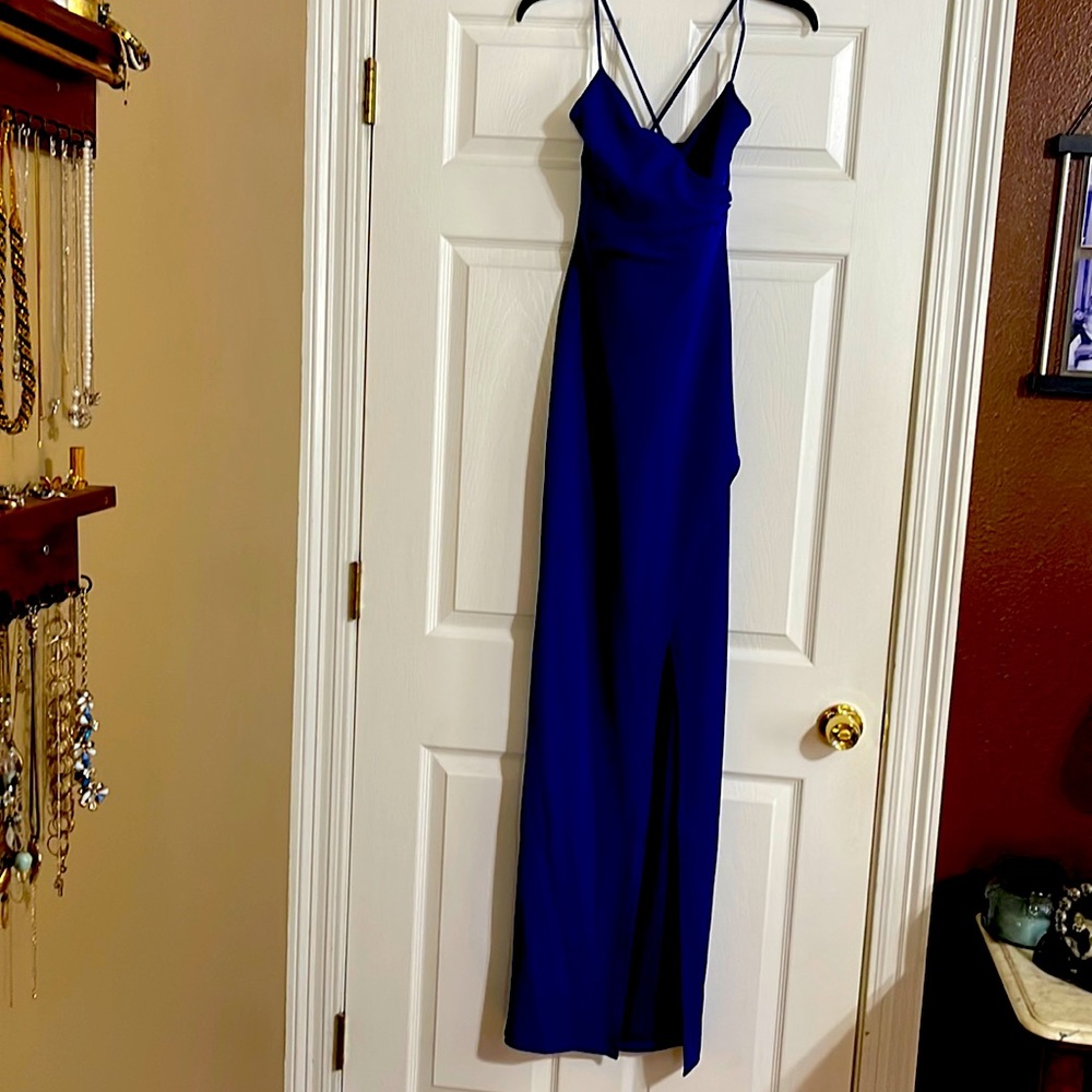 Windsor Blue Strappy Long Dress. Thigh slit.